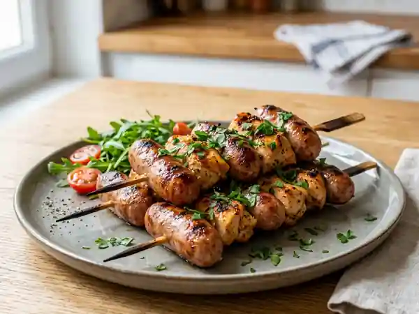 Brochettes grillées chipolatas et poulet citronné - Photo de présentation