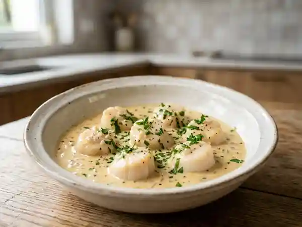 Brouet de Saint-Jacques onctueux au vin blanc - Photo de présentation