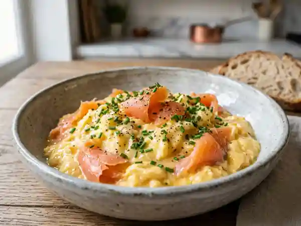 Brouillade d'œufs crémeuse au saumon fumé - Photo de présentation