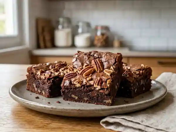 Brownie américain fondant aux noix de pécan croquantes - Photo de présentation