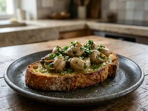 Bruschetta aux escargots à l'ail et au persil, recette gourmande - Photo de présentation