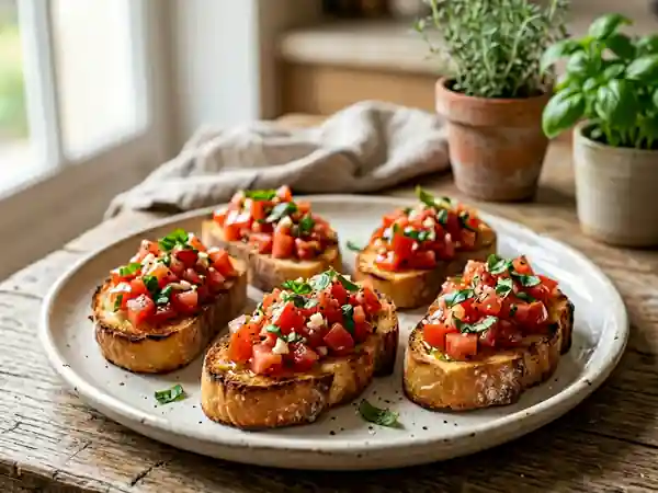 Bruschetta croquante tomate et basilic frais - Photo de présentation