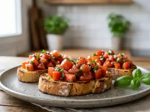 Bruschetta croustillante aux tomates fraîches et basilic - Photo de présentation