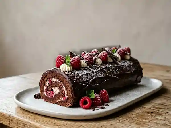 Bûche de Noël au chocolat intense et framboises fraîches - Photo de présentation