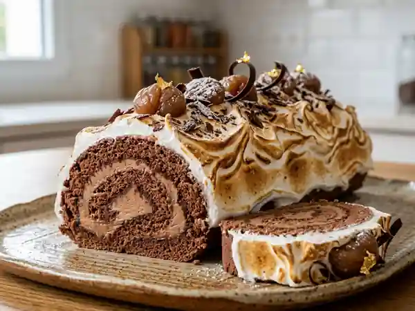 Bûche de Noël choco-marrons meringuée : dessert festif gourmand - Photo de présentation