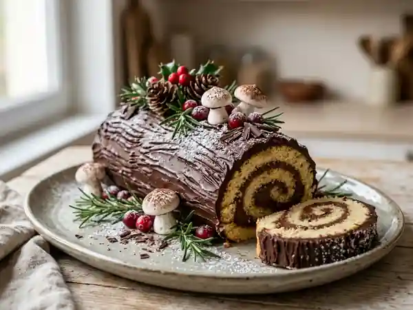 Bûche de Noël traditionnelle au chocolat et crème légère - Photo de présentation