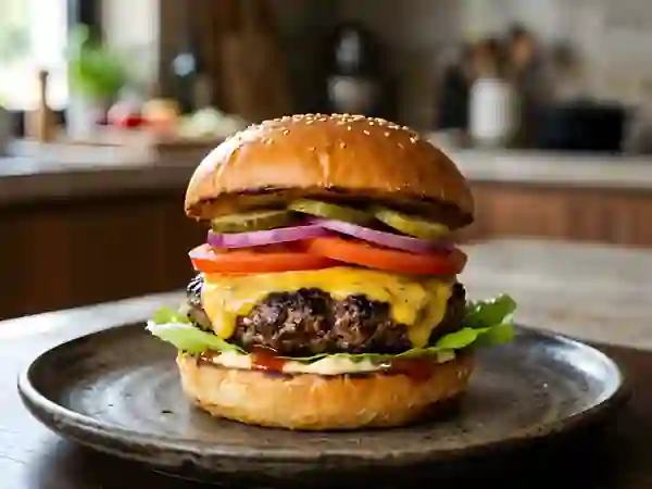 Burger grillé au cheddar fondant - Photo de présentation
