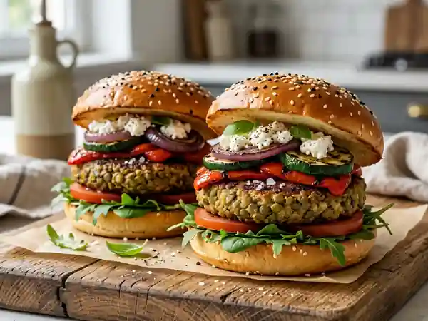 Burger de lentilles et légumes grillés - Photo de présentation