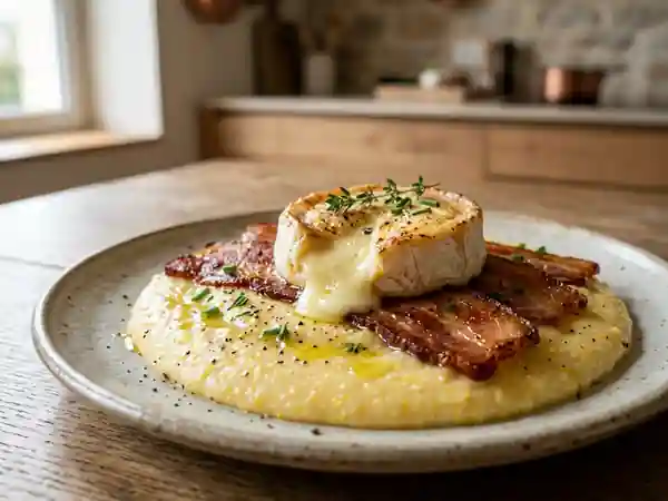 Cabécou fondant au lard sur polenta crémeuse - Photo de présentation