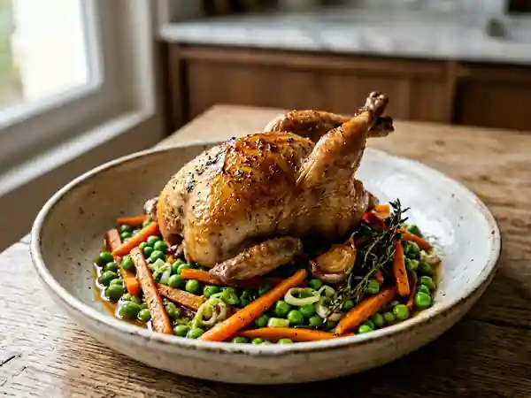 Caille Rôtie au Nid de Légumes Printaniers - Photo de présentation
