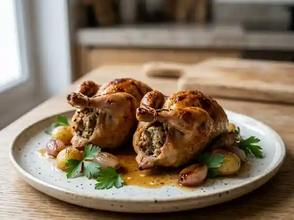 Cailles farcies dorées au four, cœur fondant - Photo de présentation