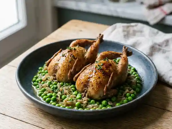 Cailles braisées au vin blanc et petits pois - Photo de présentation