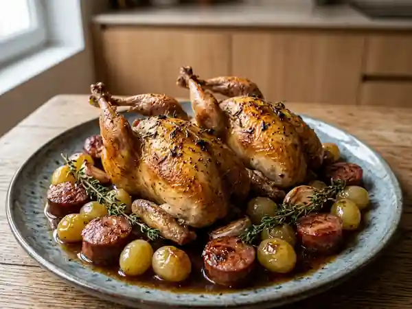 Cailles rôties au figatelli et raisin blanc, recette gourmande - Photo de présentation