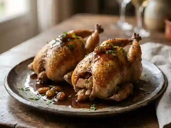 Cailles rôties au foie gras et raisins - Photo de présentation