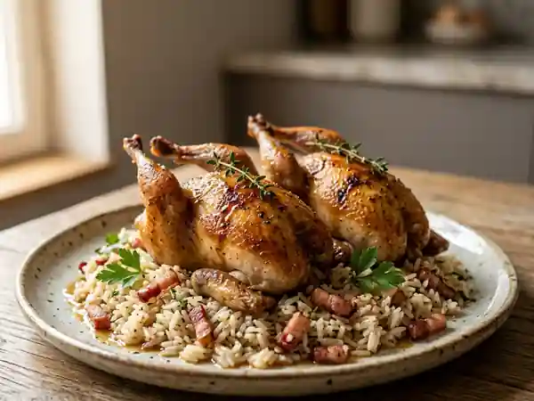 Cailles rôties au four accompagnées de riz pilaf aux lardons - Photo de présentation
