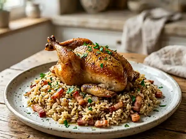 Cailles dorées et riz fondant au lard - Photo de présentation