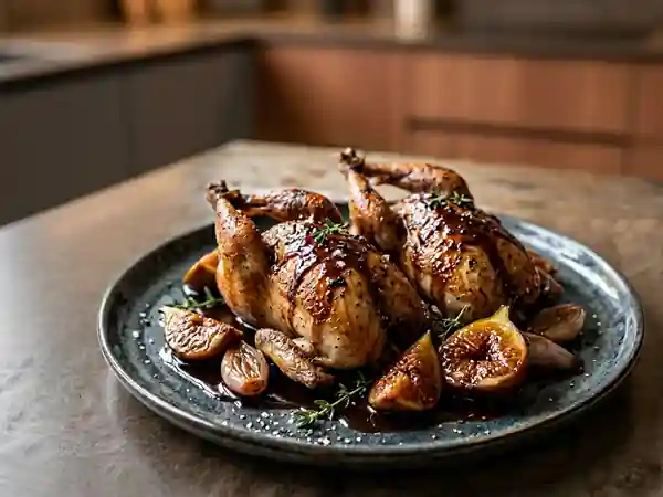 Cailles rôties aux figues et sauce chocolatée gourmande - Photo de présentation