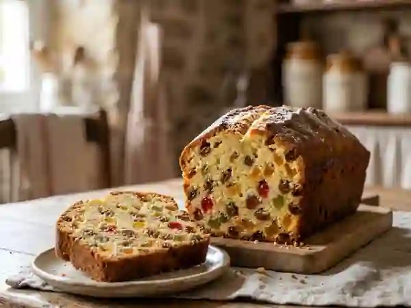 Cake fondant aux fruits confits et raisins - Photo de présentation
