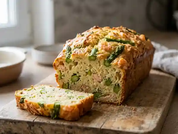 Cake moelleux asperges vertes et crevettes - Photo de présentation
