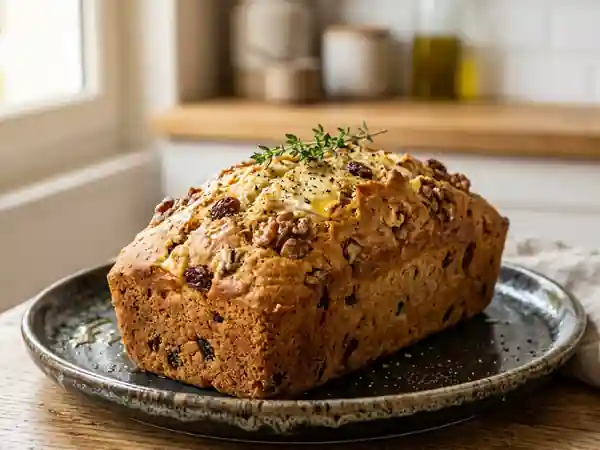 Cake moelleux au chèvre, noix croquantes et raisins secs - Photo de présentation