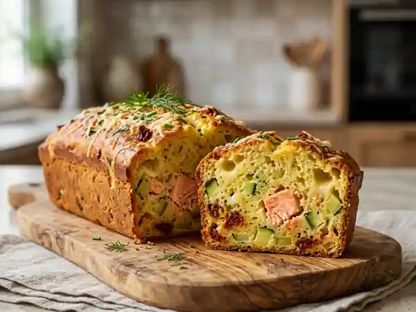 Cake moelleux au saumon frais, courgettes et tomates séchées - Photo de présentation