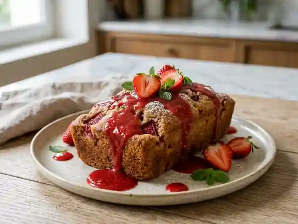 Cake moelleux aux fraises fraîches et coulis gourmand - Photo de présentation