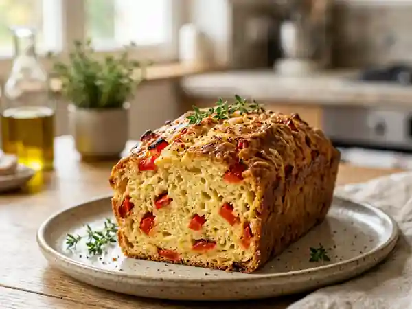 Cake moelleux aux poivrons grillés à l'huile d'olive - Photo de présentation