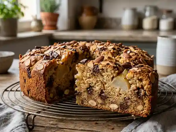 Cake moelleux poire, chocolat noir et amandes entières - Photo de présentation