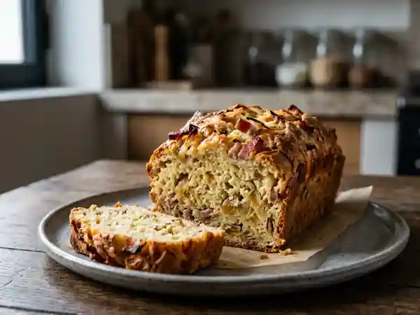 Cake salé gourmand aux oignons caramélisés et lardons croustillants - Photo de présentation
