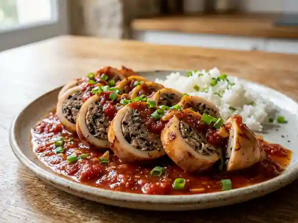 Calamars farcis au porc et sauce tomate - Photo de présentation