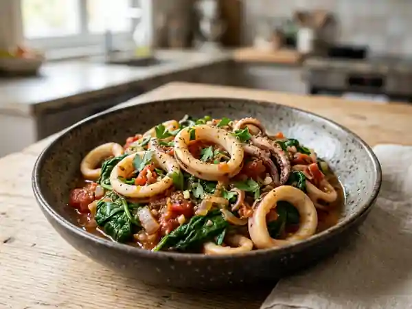Calamars fondants aux épinards et tomate - Photo de présentation