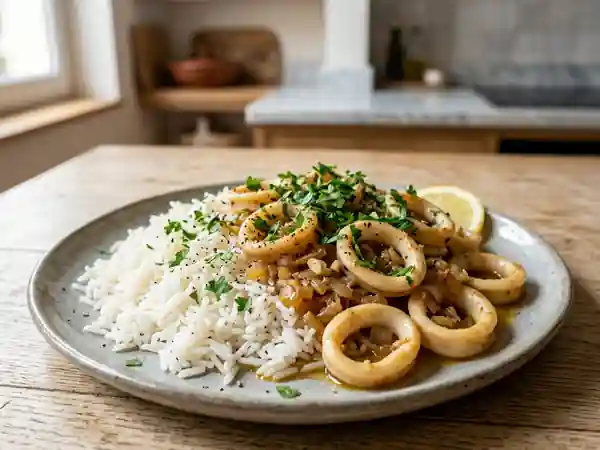 Calamars sautés au riz parfumé : recette savoureuse et facile - Photo de présentation
