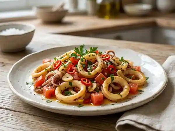 Calamars Snackés au Piment et Tomates Fondantes - Photo de présentation