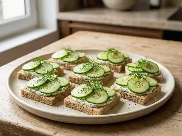 Canapés frais au concombre et fromage frais pour apéritif - Photo de présentation