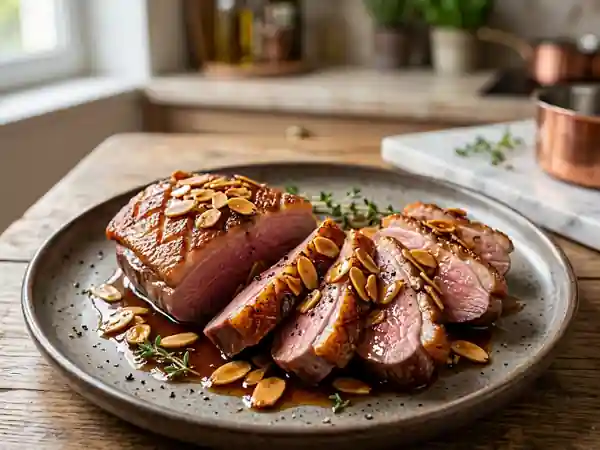 Magret de canard laqué au miel et amandes croquantes - Photo de présentation