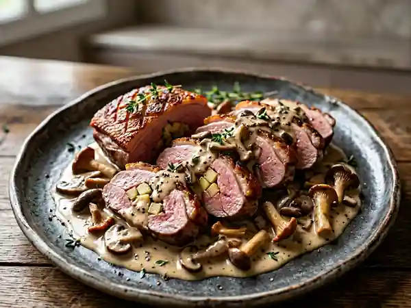 Magret de canard farci, sauce forestière crémeuse - Photo de présentation