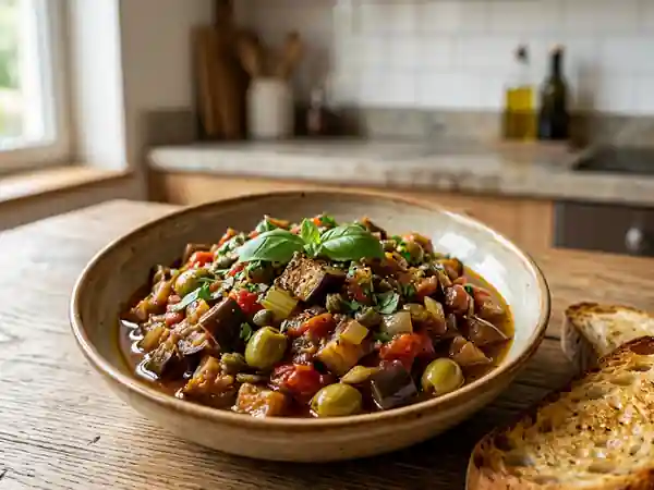 Caponata d'aubergines aux olives vertes : recette traditionnelle sicilienne savoureuse - Photo de présentation