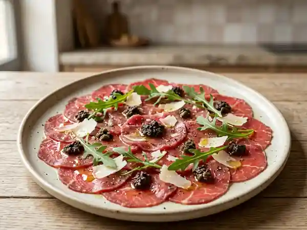Carpaccio de bœuf fondant, tapenade et parmesan - Photo de présentation