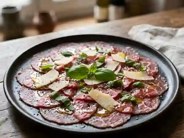 Carpaccio de bœuf soyeux, basilic et parmesan - Photo de présentation