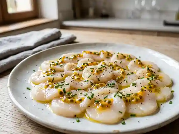 Carpaccio de Saint-Jacques aux fruits de la passion, fraîcheur et élégance en entrée - Photo de présentation