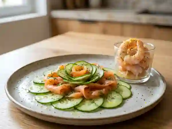Carpaccio de saumon, concombre et crevettes - Photo de présentation