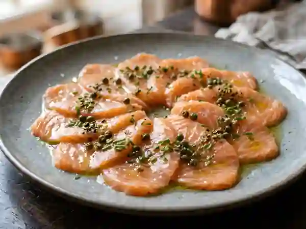 Carpaccio de saumon soyeux au poivre vert - Photo de présentation