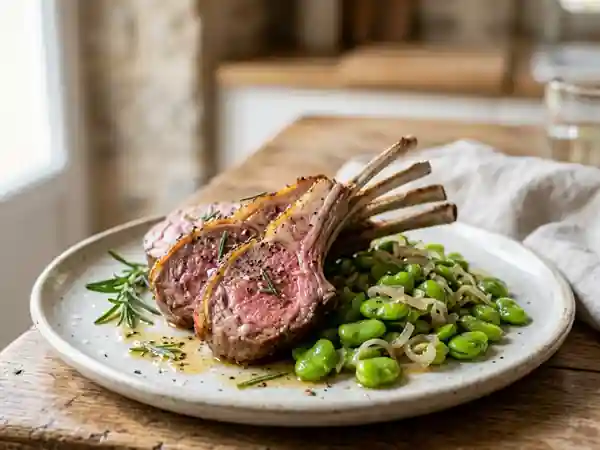 Carré d'agneau rôti aux fèves fraîches et herbes aromatiques - Photo de présentation