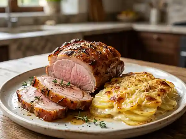Carré de porc juteux et son gratin crémeux - Photo de présentation