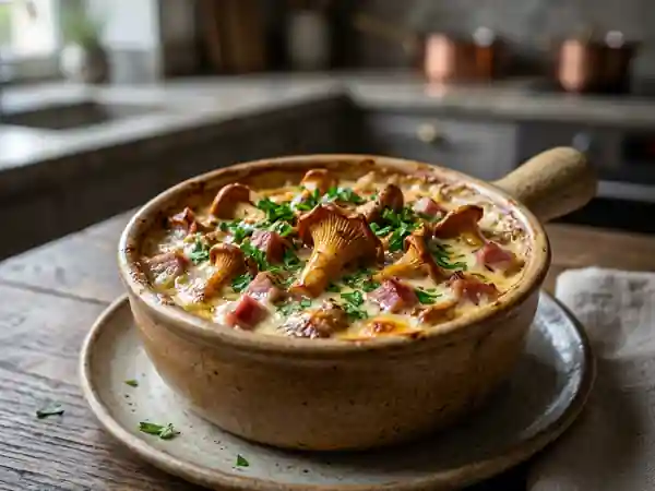 Cassolettes fondantes de girolles et jambon fumé - Photo de présentation