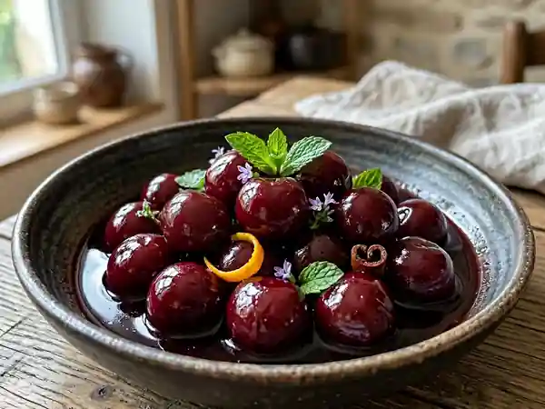 Cerises pochées au vin rouge et épices - Photo de présentation
