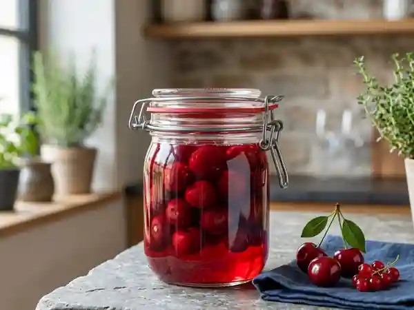 Cerises charnues au sirop acidulé de groseille - Photo de présentation