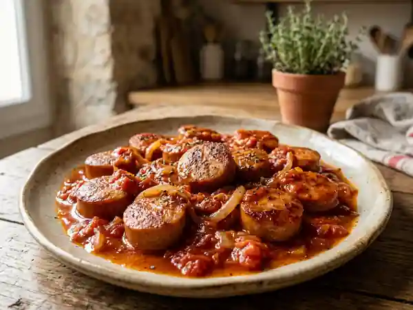 Cervelas grillé et sa sauce tomate confite - Photo de présentation