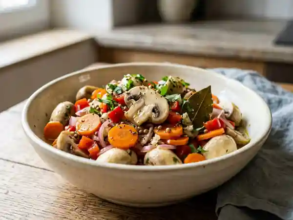 Champignons marinés à la grecque aux petits légumes croquants - Photo de présentation