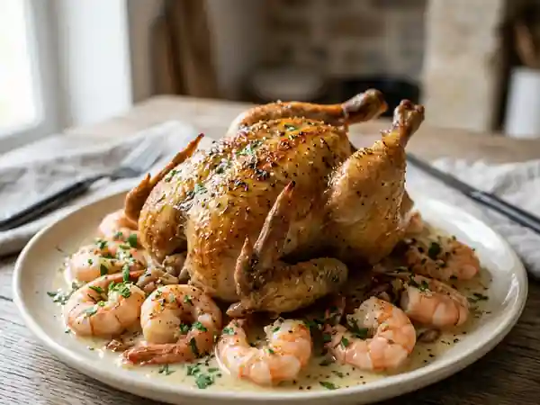 Chapon aux gambas, sauce onctueuse au vin blanc - Photo de présentation